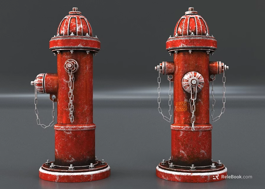Red Vintage Fire Hydrants As Essential Fire Equipment With Chains And Ornate Tops 3d model 