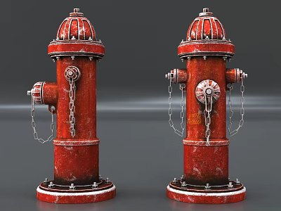 Red Vintage Fire Hydrants As Essential Fire Equipment With Chains And Ornate Tops 3d model