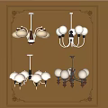 Various Designed Chandeliers With Metal Brackets Wooden Elements And White Spherical Bulbs On Beige Wall
