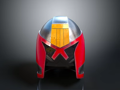 Combat Weapon Helmet With Shiny Silver Red Yellow Details And Metallic Surface Design 3d model