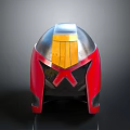 Combat Weapon Helmet With Shiny Silver Red Yellow Details And Metallic Surface Design