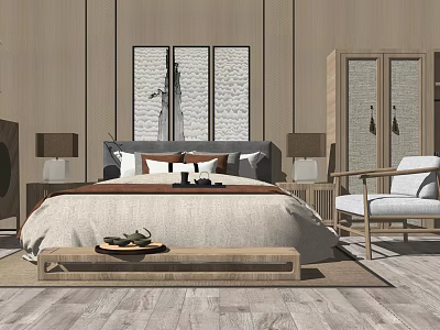 Modern Double Bed Bedroom Interior With Paintings Nightstands Lamps Bench And Wooden Flooring 3d model