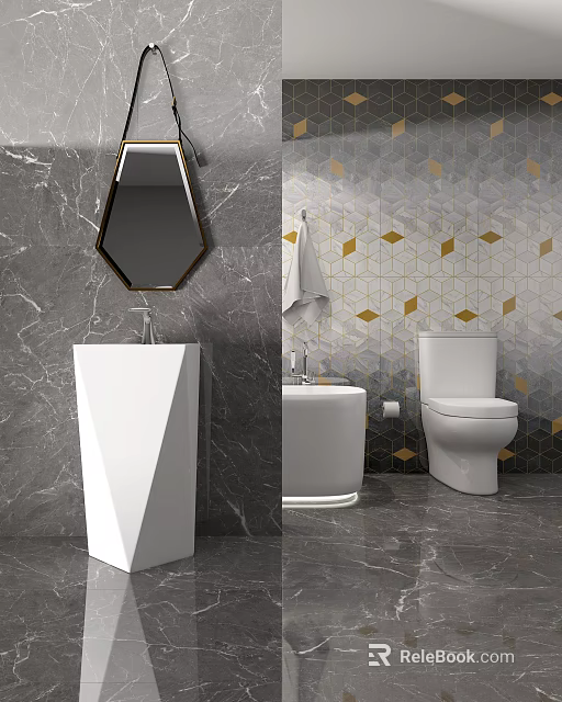 Modern White Washbasin Design With Geometric Mirror And Gray Marble Backdrop 3d model 