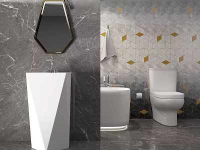 Modern White Washbasin Design With Geometric Mirror And Gray Marble Backdrop 3d model