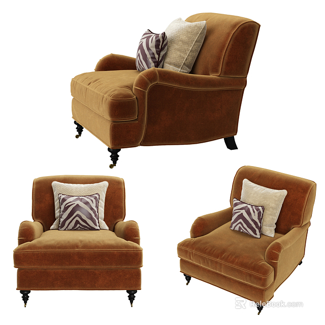 Classic Brown Velvet Single Sofa With Patterned Pillows And Wooden Tapered Legs 3d model 