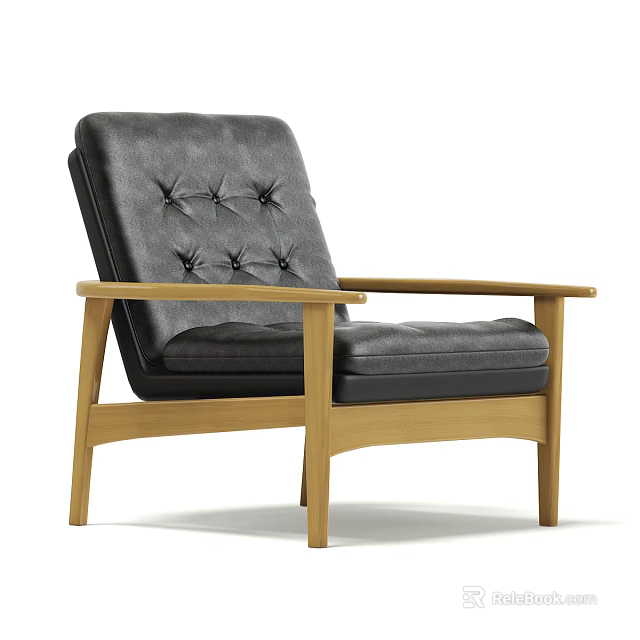Modern Black Leather Armchair With Tufted Backrest Wooden Armrests And Sturdy Wooden Legs 3d model 