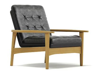 Modern Black Leather Armchair With Tufted Backrest Wooden Armrests And Sturdy Wooden Legs 3d model