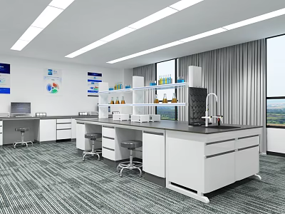 Modern Laboratory Interior With Workbenches Stools Cabinets And Lab Equipment 3d model