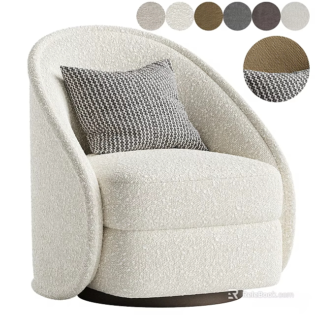 Beige Textured Fabric Leisure Chair With Curved Design And Gray Striped Decorative Pillow 3d model 