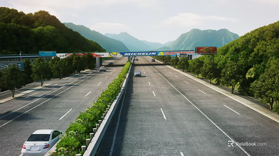 Highway Road Facilities Featuring Multiple Lanes Green Belts Trees Billboards And Scenic Mountain Views 3d model 