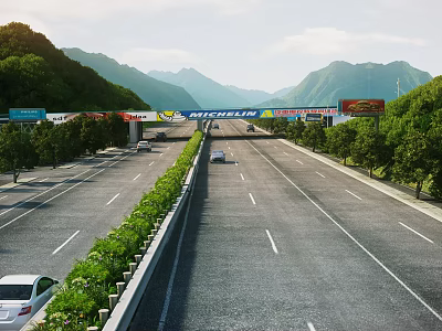 Highway Road Facilities Featuring Multiple Lanes Green Belts Trees Billboards And Scenic Mountain Views 3d model