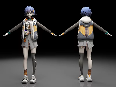 Anime Character With Blue Short Hair Front And Back Views In Jacket With AFTER Text 3d model