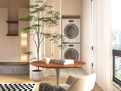Cozy Home Balcony With Washing Machine Plant Table Chair And City View 3d model