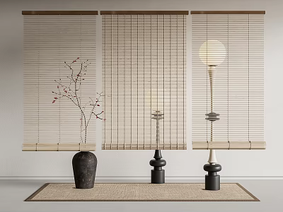 Natural Bamboo Curtains For Minimalist Interior With Vase Lamp And Rug 3d model