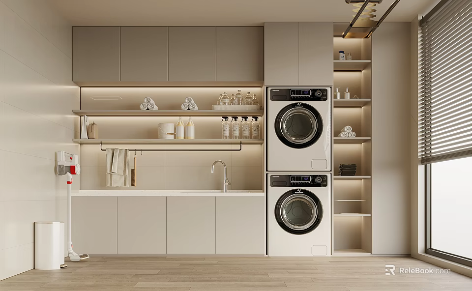 Modern Organized Laundry Room With Stacked Washer Dryer Cabinets Shelves And Sink 3d model 