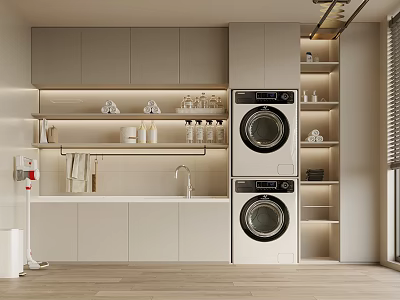 Modern Organized Laundry Room With Stacked Washer Dryer Cabinets Shelves And Sink 3d model