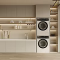 Modern Organized Laundry Room With Stacked Washer Dryer Cabinets Shelves And Sink