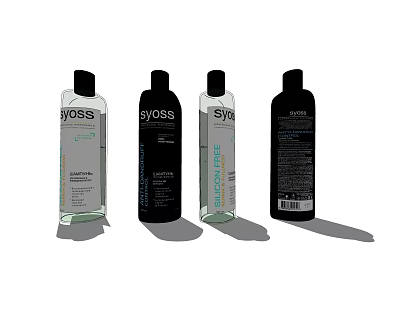 Syoss Bathroom Accessories Collection With Hydration Keratin Care Shampoo Bottles Transparent Black Design 3d model