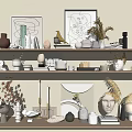 Modern Minimalist Decorative Ornament Collection With Vases Sculptures Plants Frames Books And Candles On Shelves
