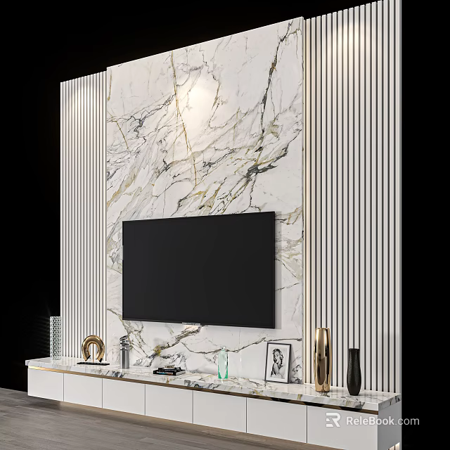 Elegant TV Wall Design With Marble Texture Vertical Stripes And Decorative Cabinet 3d model