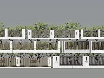 Modern Row House Building Exterior With White Wall Fence And Green Plants 3d model
