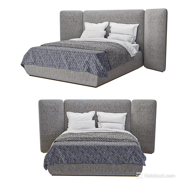 Modern Double Bed With Grey Upholstered Headboard White Pillows And Patterned Grey Bedspread 3d model
