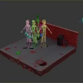 Group of Uniformed Characters by Red Brick Wall with Ground Props and Floating Green Sphere
