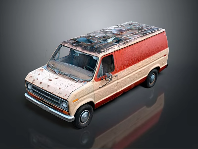 Vintage Cream And Red Van With Worn Exterior Stained Body And Damaged Roof 3d model