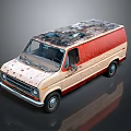 Vintage Cream And Red Van With Worn Exterior Stained Body And Damaged Roof