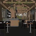 Urban Coffee Shop Interior With Wooden Roof Green Plants Hanging Lights And Counter