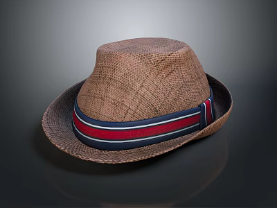 Brown Woven Stylish Hat With Blue Red Striped Band Fashion Design Look 3d model