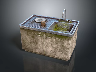 Vintage Rustic Washbasin Cabinet With Double Doors Worn Texture Faucet And Dish Drainer 3d model