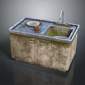 Vintage Rustic Washbasin Cabinet With Double Doors Worn Texture Faucet And Dish Drainer