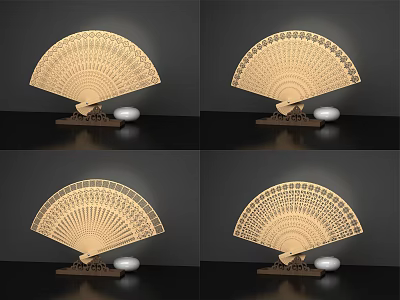 Wooden Fan Shaped Decorative Ornament Set With Carved Patterns Stand And White Spherical Accents 3d model