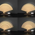 Wooden Fan Shaped Decorative Ornament Set With Carved Patterns Stand And White Spherical Accents