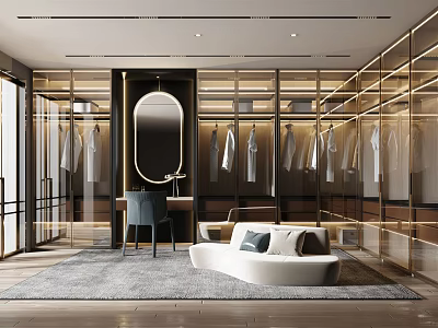 Elegant Modern Walk in Closet Interior With Glass Door Cabinets Round Mirror And Sofa 3d model