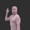 Shirtless Man With Raised Arm Waving Hand Against Dark Background