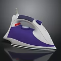 Modern Purple White Electric Iron With Gray Handle On Black Reflective Surface
