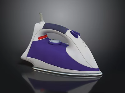 Modern Purple White Electric Iron With Gray Handle On Black Reflective Surface 3d model