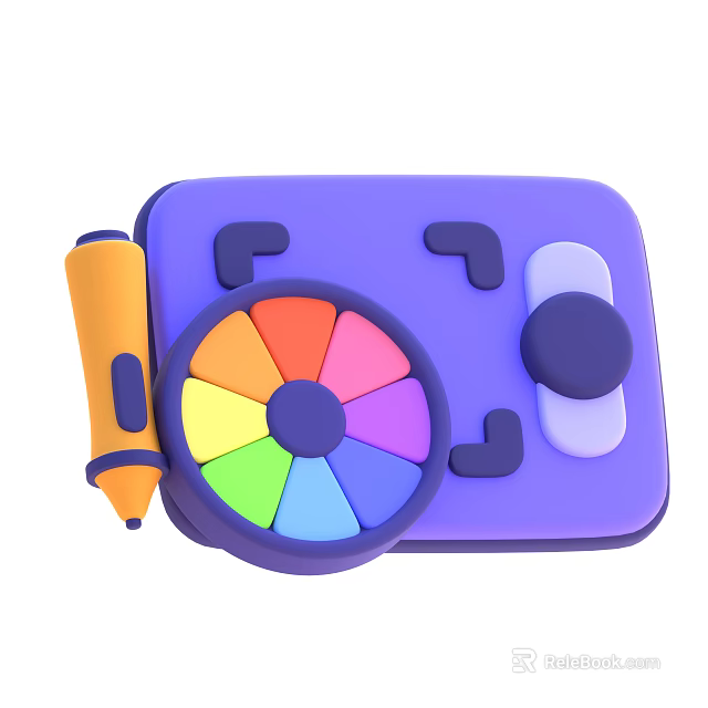 Colorful Drawing Tool Set With Purple Case Orange Pen And Color Wheel 3d model 