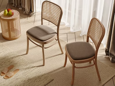 Comfortable Leisure Chairs With Rattan Backrest Wooden Frame And Gray Cushions On Homey Rug 3d model