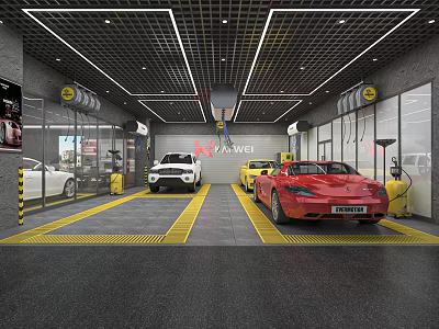 4S Shop Car Service Area with White Yellow Red Vehicles and Yellow Floor Markings 3d model