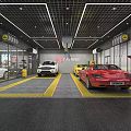 4S Shop Car Service Area with White Yellow Red Vehicles and Yellow Floor Markings