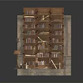 Wooden Bookshelf With Multiple Shelves And Scattered Books Near Small Table