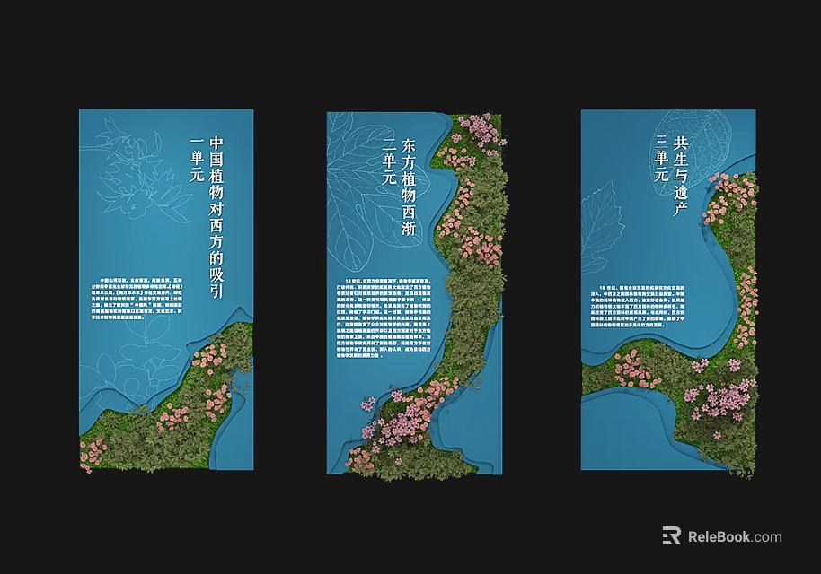 Wayfinding Signage Design With Vertical Panels Blue Background Green Landscape And Pink Flowers 3d model 