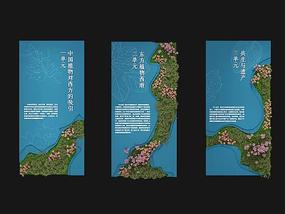 Wayfinding Signage Design With Vertical Panels Blue Background Green Landscape And Pink Flowers 3d model