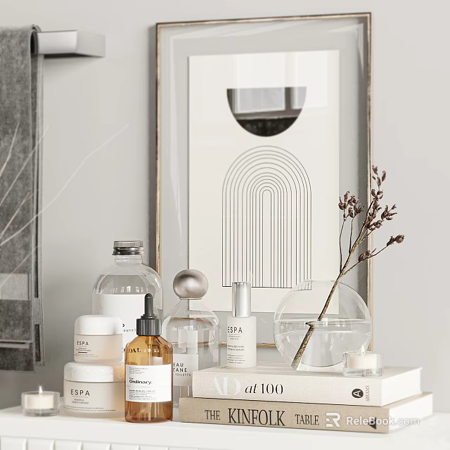 Modern Bathroom Accessories Display With Bottles Jars And Decor 3d model 