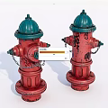 Two Red Fire Hydrants With Green Tops And Graffiti Decorative Features