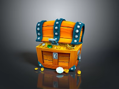 Vintage Style Wooden Storage Box With Orange And Blue Metal Rivet Trim For Home Decor 3d model