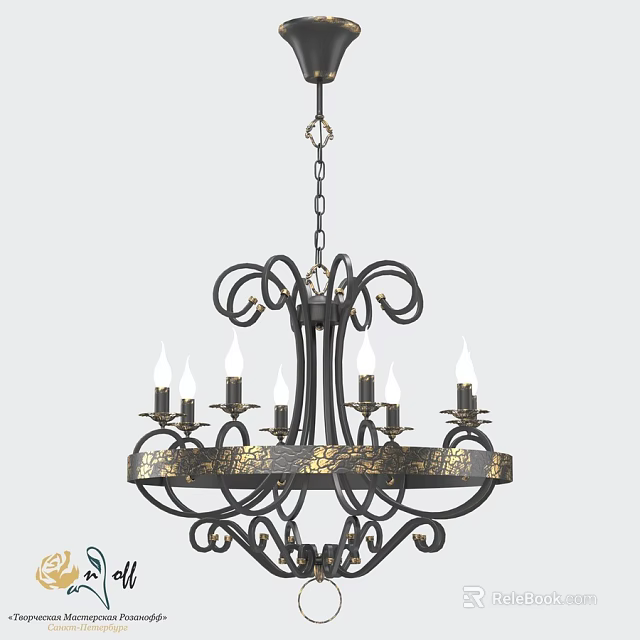 Vintage Style Black Metal Chandelier With Gold Accents And Candle Shaped Lights 3d model 